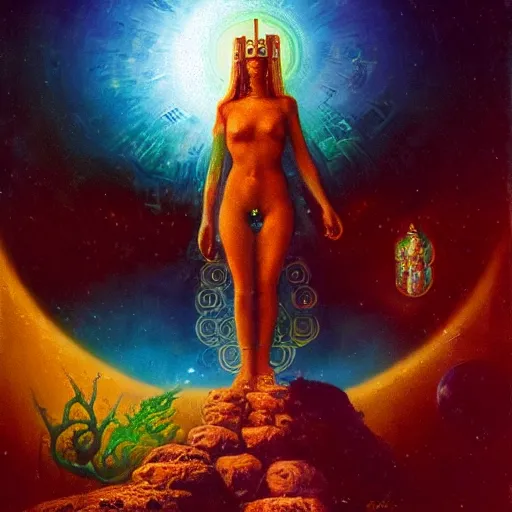 Prompt: the sacred goddess, hermetic, occult, surreal, hidden knowledge by Paul Lehr, Karl Kopinski, Ayahuasca'