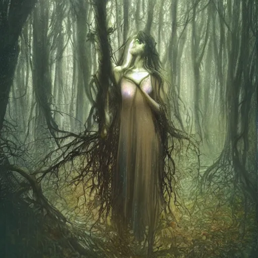 Image similar to portrait of a dryad, in a forest of fey autumn maples, her skin glistens with rainwater by greg rutkowski and brian froud dark mysterious, filtered evening light