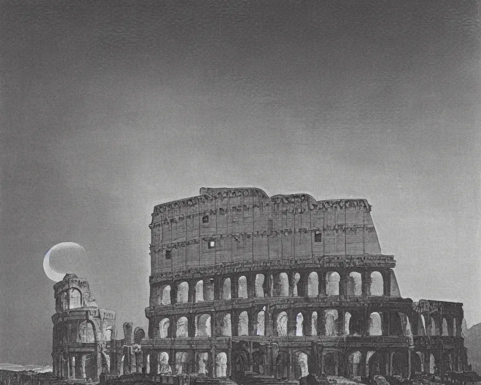 Prompt: achingly beautiful print of the Colosseum and triumphal arch bathed in moonlight by Hasui Kawase and Lyonel Feininger.