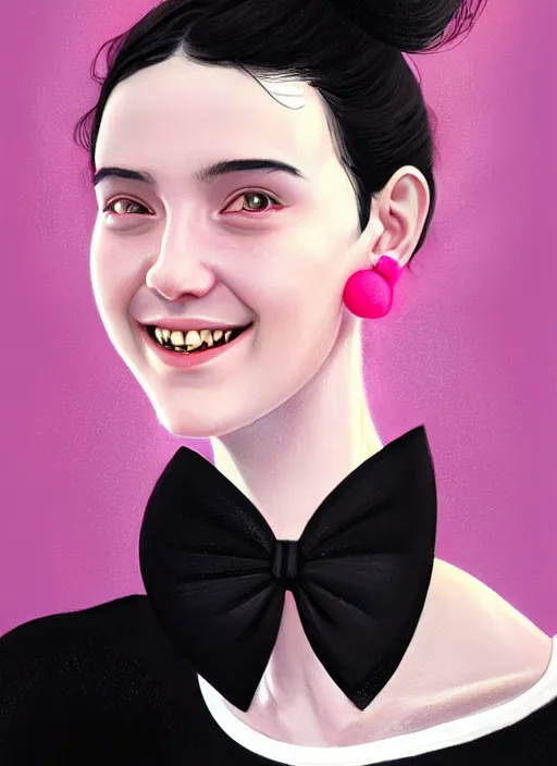 Image similar to portrait of high school girl, realistic, black hair, bangs, half updo hairstyle, pointy nose, skinny, smile, ugly, defined jawline, big chin, pink hair bow, earrings, intricate, elegant, glowing lights, highly detailed, digital painting, artstation, sharp focus, illustration, art by wlop, mars ravelo and greg rutkowski