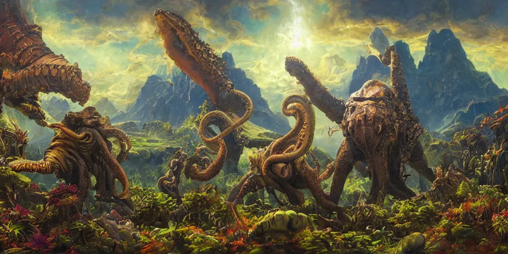 Image similar to fantasy oil painting, great leviathan, cybernetic turtle cephalopod terrapin reptilian pachyderm squid, hybrid, anubis, epic, natural light, lush plants flowers, spectacular mountains, bright clouds, ufo, luminous sky, outer worlds, golden daple lite, craig mullins, michael cheval