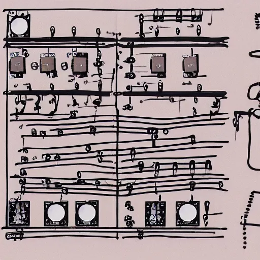 Image similar to a schematics of a modular synthesizer, cave painting, musical,