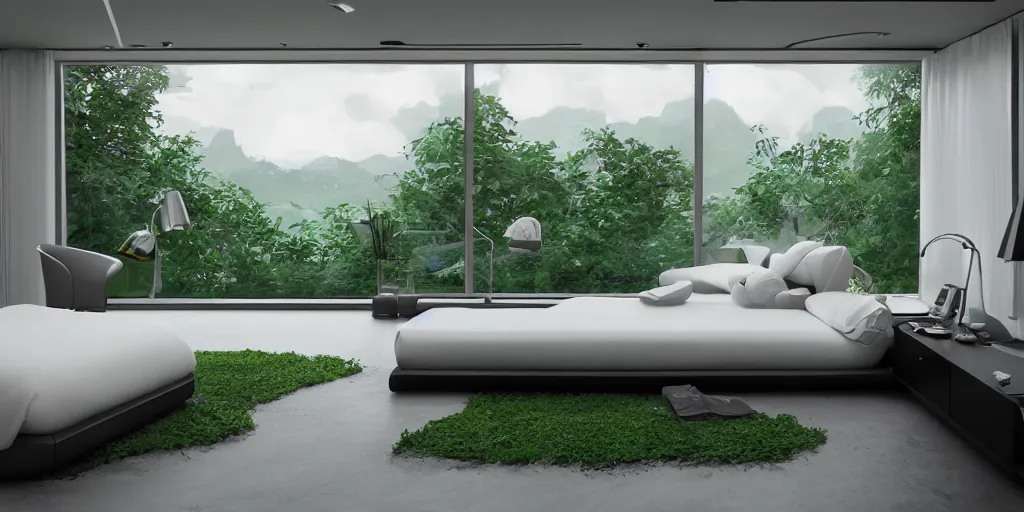 Prompt: a futuristic bed in the foreground of a futuristic minimalistic room with a huge window overlooking an lush green verdant alien planet, photorealistic, cinematic, octane render by oblivion movie thom tenery and dieter rams