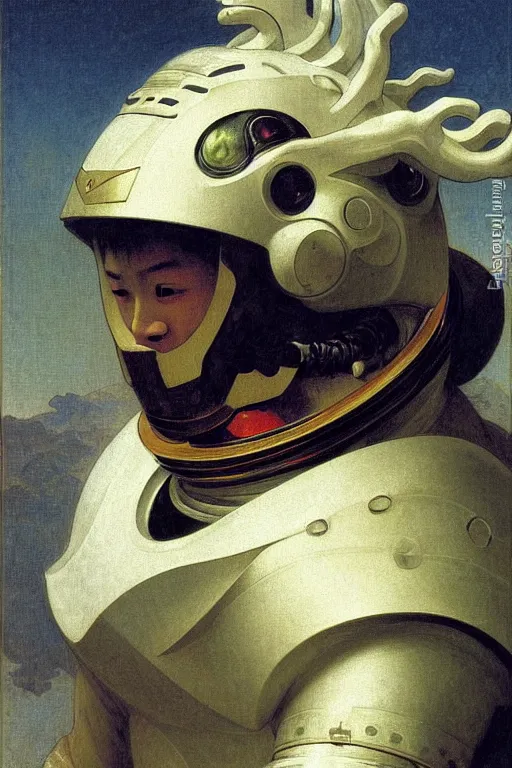 Prompt: a astronaut his haed is chinese dragon head, in armor and helmet, by bouguereau