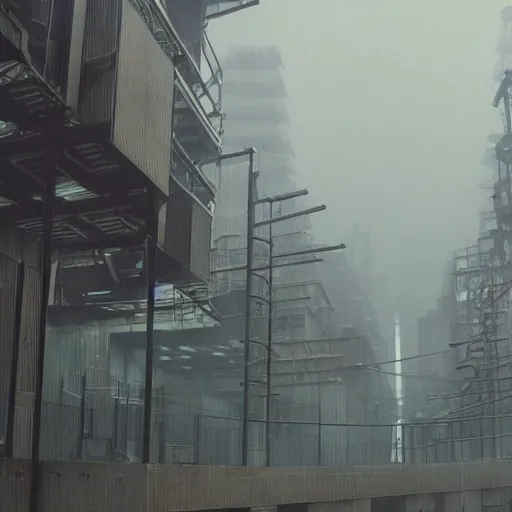 Image similar to raining dark smog wide angle shot dieselpunk dystopia makoto shinkai corrogated steel overhead walkway