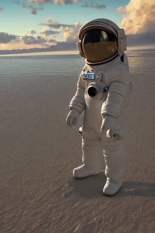 Prompt: a astronaut sitting on the beach looking to the sea at sunrise, concept art, octane render, unreal engine 5, trending on Artstation, high quality, highly detailed, 8K, soft lighting, godrays, path tracing, serene landscape, turbulent sea, high coherence, anatomically correct, hyperrealistic, sand, beautiful landscape, cinematic, clouds in the sky