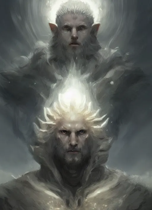 Image similar to Half-body portrait of a pale wise man who created the universe, wolf god. In style of Hyung-tae Kim and Greg Rutkowski, concept art, trending on ArtStation, over-detailed art, 8K, epic, dynamic lightning, dramatic pose.