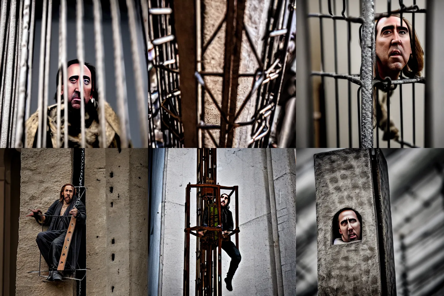 Image similar to Nicholas Cage imprisoned in a medieval gibbet of metal XF IQ4, f/1.4, ISO 200, 1/160s, 8K, in-frame