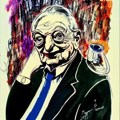 Image similar to George Soros by Ralph Steadman, illustration, body horror, biopunk