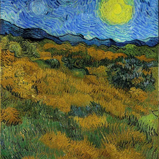 Prompt: painting of a lush natural scene on an alien planet by vincent van gogh. beautiful landscape. weird vegetation. cliffs and water.