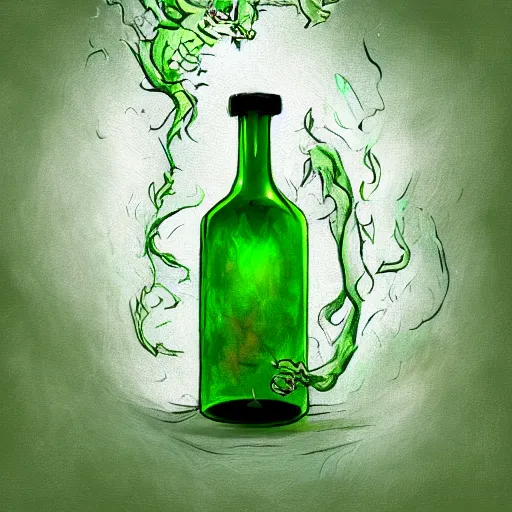 Prompt: a glass bottle with a green liquid inside, a green cloud of smoke shaped like a dragon comes out from it, the dragon is twirling around, impressionist digital drawing, procreate, artstation award winner