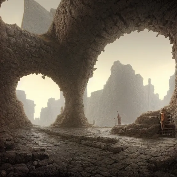 Prompt: A highly detailed 4K fantasy matte painting of dwarf mines perfect quare hallway of stone, zdzislaw beksinski, ArtStation, CGSociety, Unreal Engine