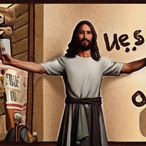 Prompt: jesus nailed to a chipotle advertisement