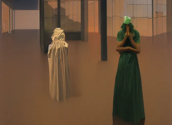 Image similar to woman in a translucent clothing made from green plastic bag with paper bags for clothes standing inside paper bags with paper bag over the head at store display on flooded night street Edward Hopper and James Gilleard, Zdzislaw Beksinski, highly detailed