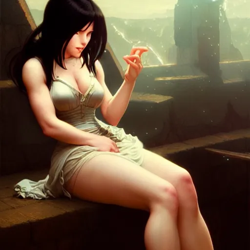 Prompt: of Tifa Lockheart, dark fantasy, medium shot, intricate, elegant, highly detailed, digital painting, volumetric light, artstation, concept art, smooth, sharp focus, illustration, art by Gil Elvgren and Greg Rutkowski and Alphonse Mucha