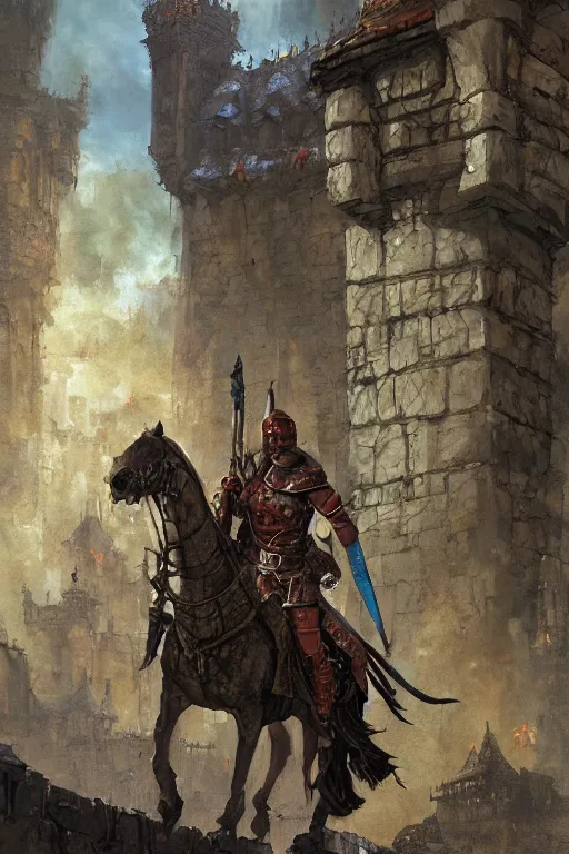Prompt: A ighly detailed fantasy painting of a male warrior on a castle wall and an approaching army by Marc Simonetti and Craig Mullins