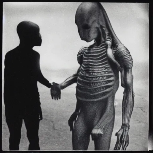 Prompt: a black and white polaroid photo of an alien meeting a human