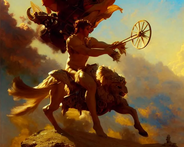 Image similar to attractive apollo greek god, riding his fire chariot. highly detailed painting by gaston bussiere, craig mullins, j. c. leyendecker 8 k