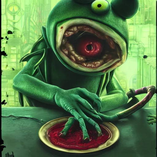 Prompt: High resolution DSLR photograph of Kermit The Frog as a vampire covered in blood Anime Bioshock steampunk realistic shaded lighting by katsuhiro otomo ghost-in-the-shell, magali villeneuve, artgerm, rutkowski Jeremy Lipkin and Giuseppe Dangelico Pino and Michael Garmash and Rob Rey