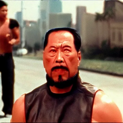 Image similar to Film still of Los Angeles Vice Squad (1990). Epic kung-fu villian scene. Sigma 85mm f/8