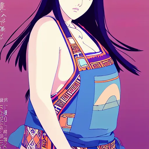 Image similar to a beautiful plus sized model japanese natalie portman, alluring plus sized model, wearing mayan leotard with elegant mayan apron overalls, street fashion hip hop style with mayan patterns, aztec street fashion, gapmoe yandere grimdark, trending on pixiv fanbox, painted by greg rutkowski makoto shinkai takashi takeuchi studio ghibli, akihiko yoshida