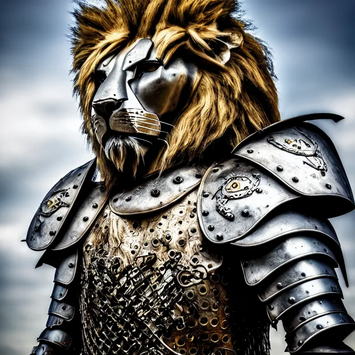 Image similar to photo of a warrior with metal lion themed armour, highly detailed, 4 k, hdr, smooth, sharp focus, high resolution, award - winning photo