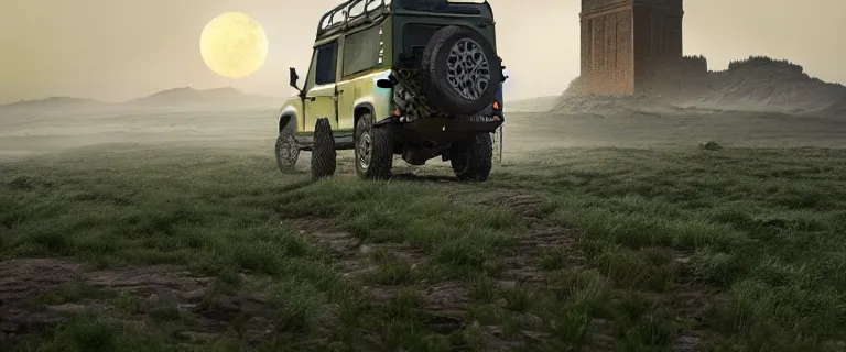 Image similar to Land Rover Defender 110 (1985), an epic fantasy, dramatic lighting, cinematic, establishing shot, extremely high detail, photorealistic, cinematic lighting, artstation, by simon stalenhag, The Elder Scrolls IV: Oblivion, Green Cyrodiil plains, Imperial City with the Adamantine Tower in the middle in the distance, Adamantine Tower in the distance, at day