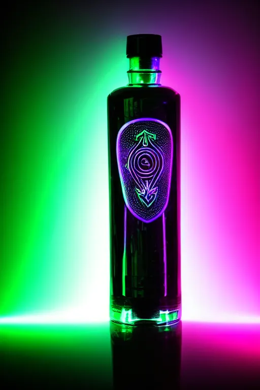 Image similar to vodka bottle, by razer, gaming vodka, promotional photo, rgb lights, cinematic