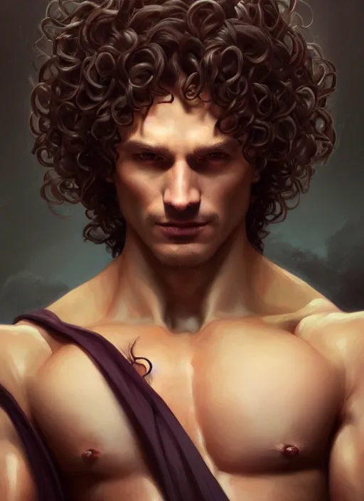 Prompt: Portrait of a man, curly hair, Sith, evil! muscular, robes! night!! intricate, elegant, highly detailed, digital painting, artstation, concept art, smooth, sharp focus, illustration, art by artgerm and greg rutkowski and alphonse mucha