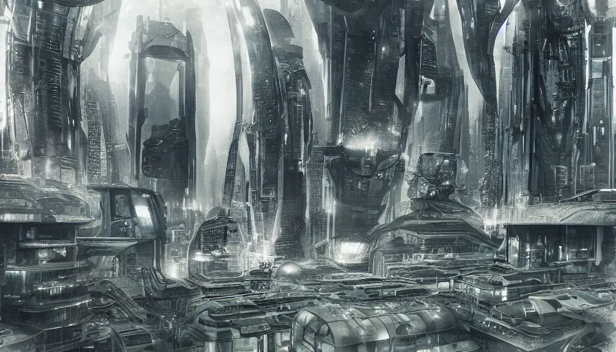 Image similar to platinotype photograph of a sci-fi futuristic city