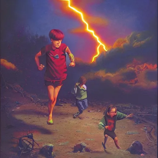 Image similar to a running child surrounded covered, lightning, vapor, mist, smoke, blood drops, fire, a highly detailed matte painting by John Philip Falter and Jason Edmiston