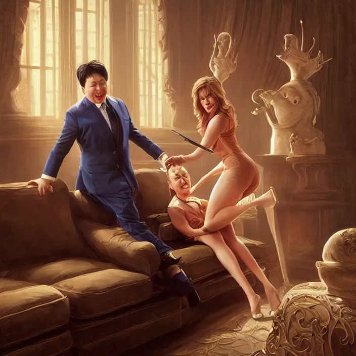 Image similar to portrait of michael mcintyre leaving on a sofa with a singing waitress, elegant, real life skin, intricate artwork, high detailed, artstation, concept art, smooth, sharpz focus, art by artgerm and greg rutkowski