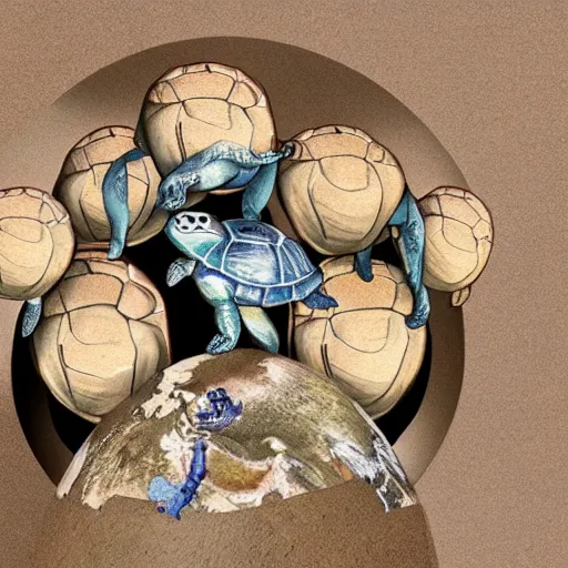 Image similar to a stack of turtles beneath a globe of the earth, earth globe on top