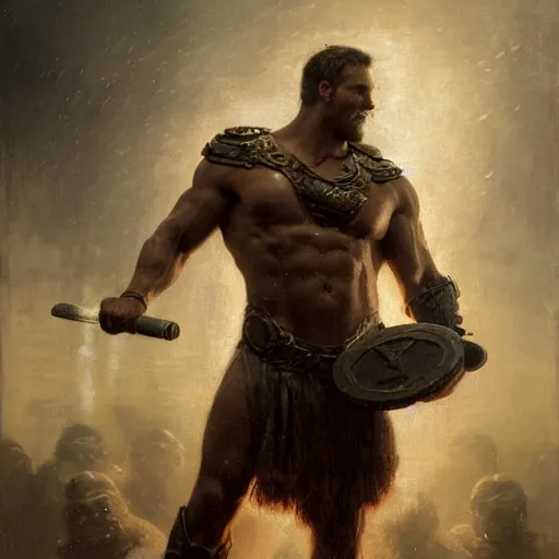 Prompt: handsome portrait of a spartan guy bodybuilder posing, radiant light, caustics, war hero, translucent rainstorm, steel bull run, by gaston bussiere, bayard wu, greg rutkowski, giger, maxim verehin