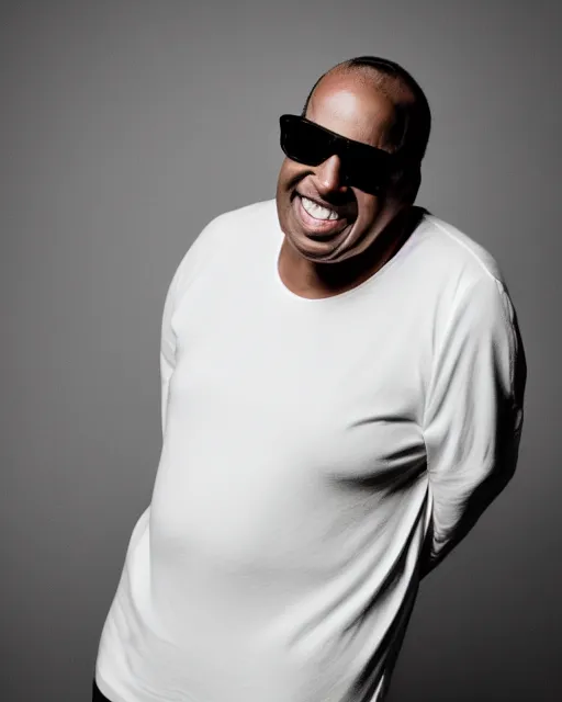 Image similar to Fully-clothed full-body candid portrait of Stevie Wonder, Canon EOS R5, 50mm, F1.4, black background, dark studio lighting, professional, 8K