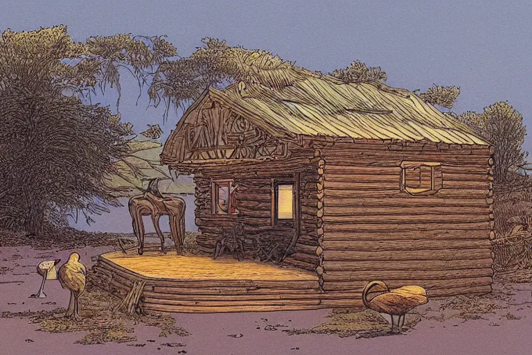 Prompt: country road cabin goose by moebius