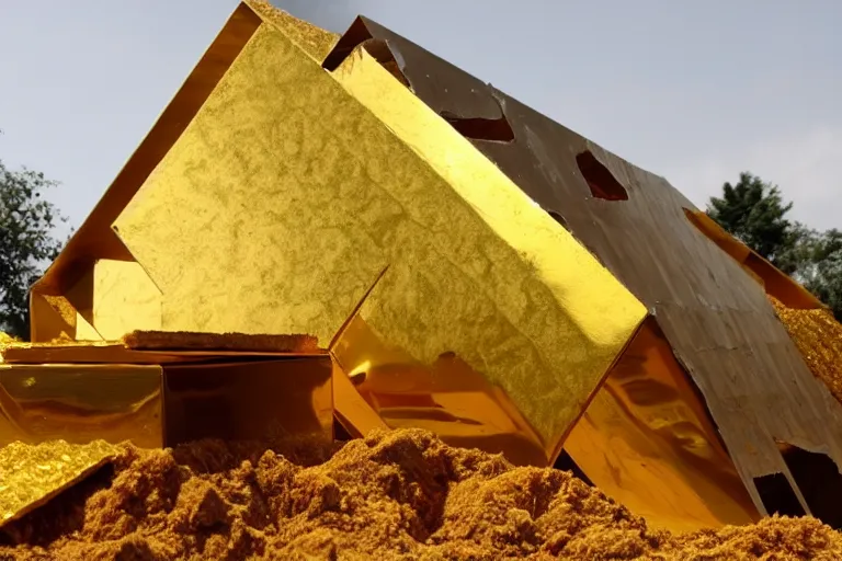 Prompt: a house, under construction, made of gold, with piles of money around it