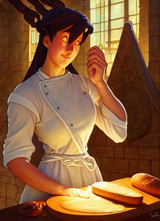 Image similar to focused medieval chef baking bread natural lighting, path traced, highly detailed, high quality, digital painting, by don bluth and ross tran and studio ghibli and alphonse mucha, artgerm