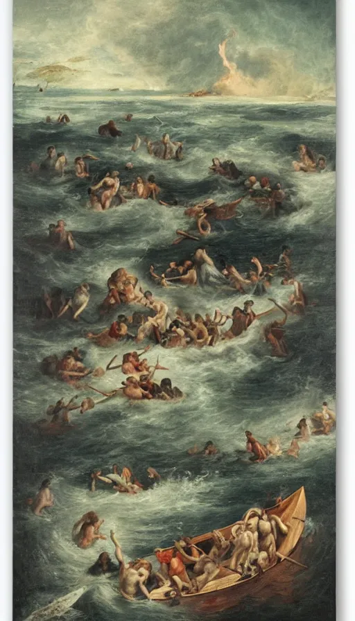 Image similar to man on boat crossing a body of water in hell with creatures in the water, sea of souls, by andre francois