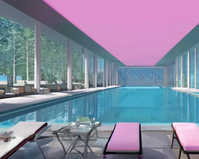 Prompt: A beautiful lounge area with floor to ceiling glass windows and a large pool with sunbeds, pink walls, highly detailed, octane render