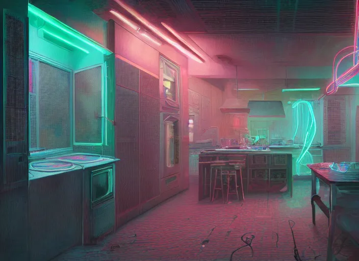 Prompt: A kitchen, neon, RGB, glowing wires everywhere, by Edgar Maxence and Ross Tran, Zdzisław Beksiński, and Michael Whelan, distant, gustav dore, H.R. Giger, 8k, octane render