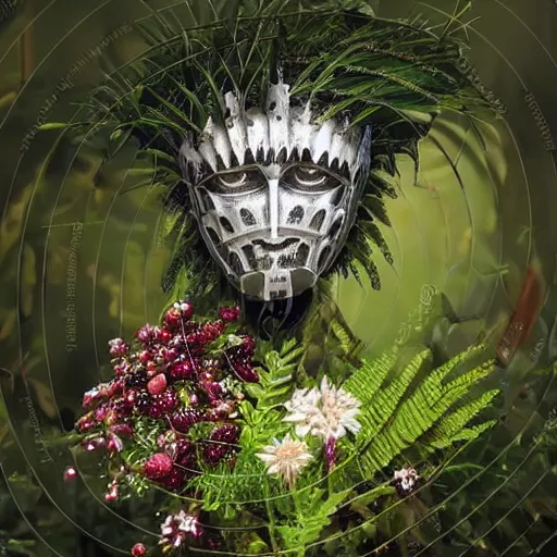 Image similar to a male knight, stern face, clear eyes, shining armour made of steel and flowers, and fractal flowery hair in a fractal garden, glowing delicate flower, berries and ferns that grow in a dark fantasy forest, full frame,