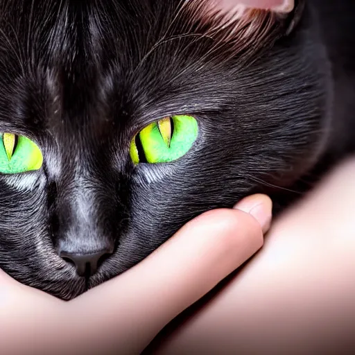 Prompt: black kitten with! beautiful green eyes! laying on it ‘ s back showing it ‘ s fluffy belly while looking at the camera, photorealistic, anatomically correct, sharp focus, 4 k, beautiful,