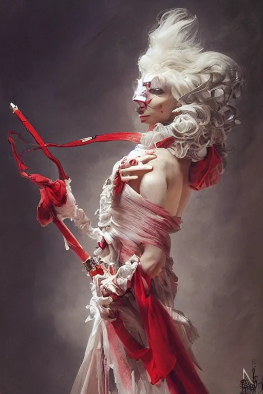 Prompt: a vampire with long light white hair and a red scarf, windy, ribbons, melancholic, modern maximalist harlequin fashion dress, is ( ( holding a golden sword ) ). light dust, magnificent, hyperdetailed, theatrical, painted by jean honore fragonard and greg rutkowski