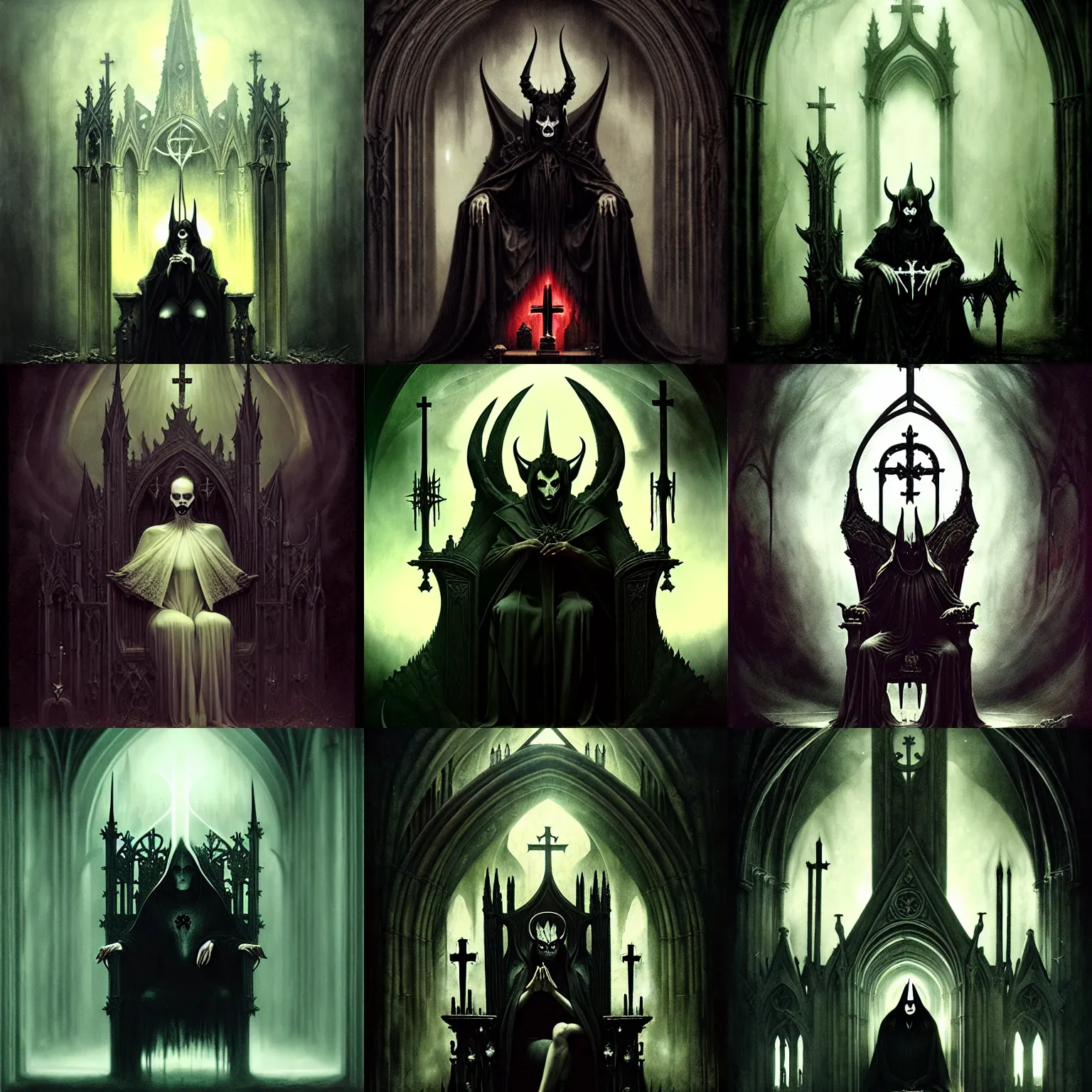 Prompt: dark ambient album cover, satan sitting on a throne, a cathedral, dark woods, asymetrical design, magic, apocalypse, occult, magic, tom bagshaw, dave mckean