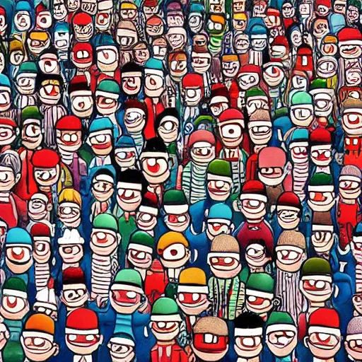 Image similar to tiny robot hiding in where's wally picture. illustrated by martin handford, high detailed, high complexity. photorealistic