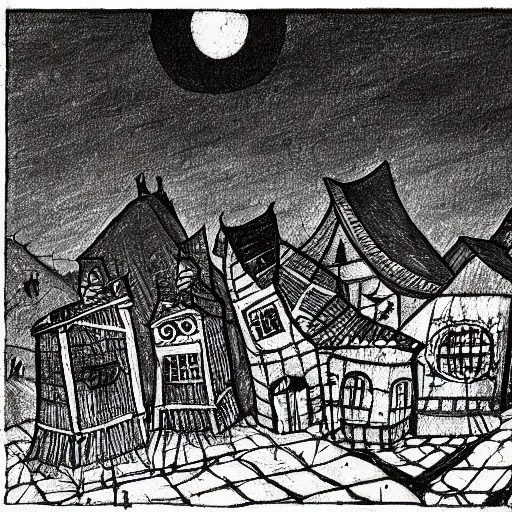 Prompt: Drawing of a creepy Transylvania village during an eerie night, by Wes Benscoter, horror, old village, Transylvania, night