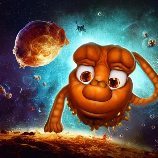 Image similar to one eldritch horror bloody garfield in space, galaxy, hd, 8 k, giant, epic, realistic photo, unreal engine, stars, prophecy, powerful, cinematic lighting, destroyed planet, debris, violent, sinister, ray tracing, dynamic, print, epic composition, dark, horrific, teeth, grotesque, scary