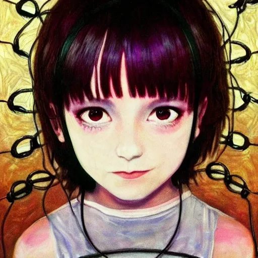 Prompt: beautiful pure evil lain with hundreds of wires coming out of her head, she is in pure bliss, portrait, painting