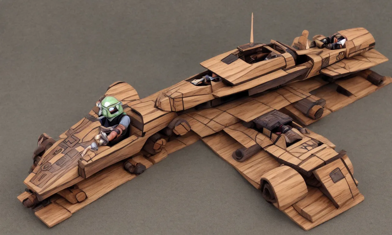 Prompt: wooden jedi, speeder piloted by yoda, wooden board, mahogany, tatooine, nordic pastel colors, perfect lightning